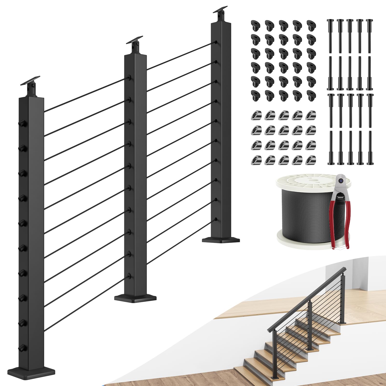 BLIKA 36" Cable Railing Corner Post, 304 Stainless Steel, 2-Side Drilled Adjustable Top Corner Post, Surface Mount Matte Black Cable Railing System Corner Post