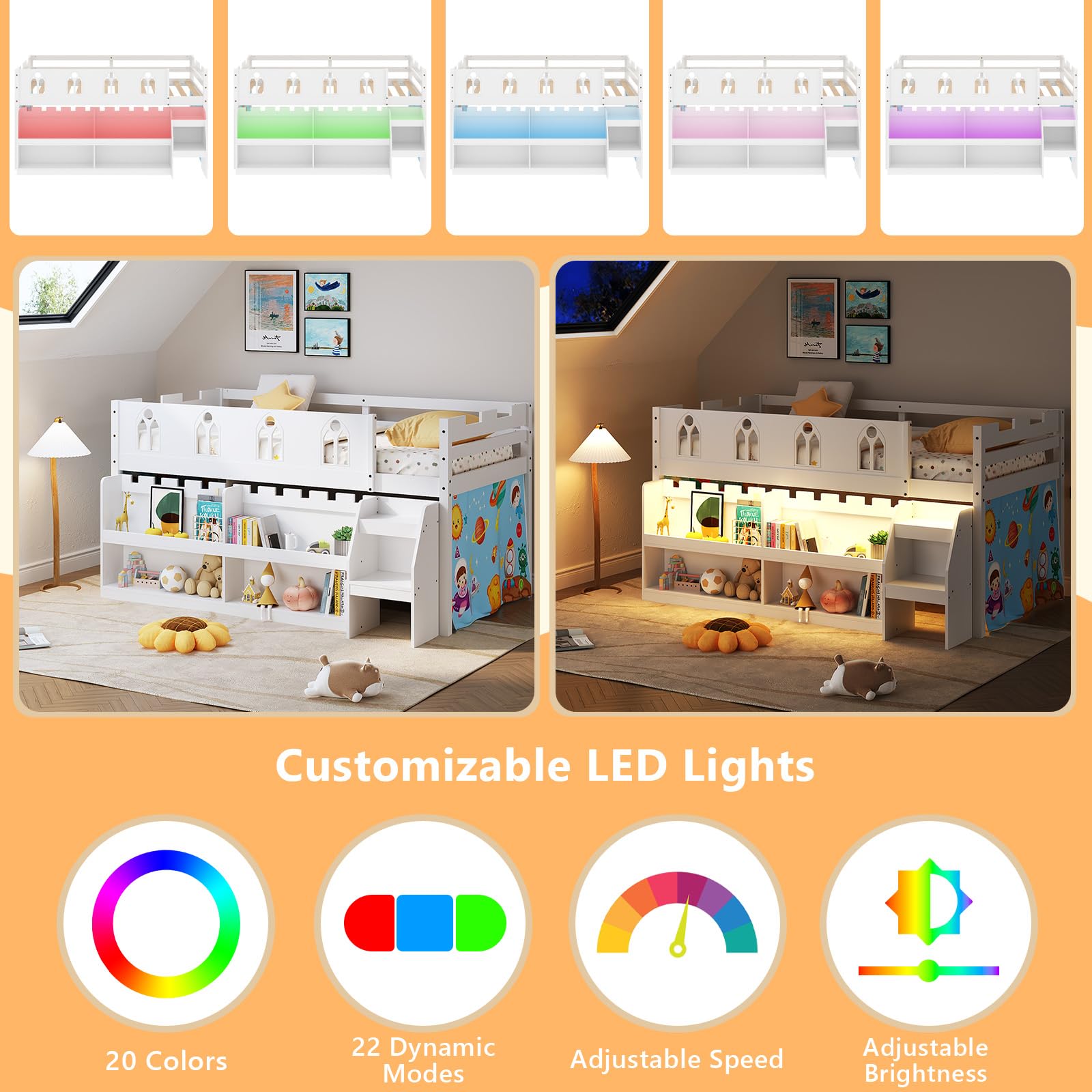 JOYMOR Low Loft Bed Twin Size with LED Lights, 4 Storage Shelves, Removable Curtain, Kids Wood Loft Bed with 15" H Safety Guardrail, Spave Saving, Mattress Not Included (Gray)