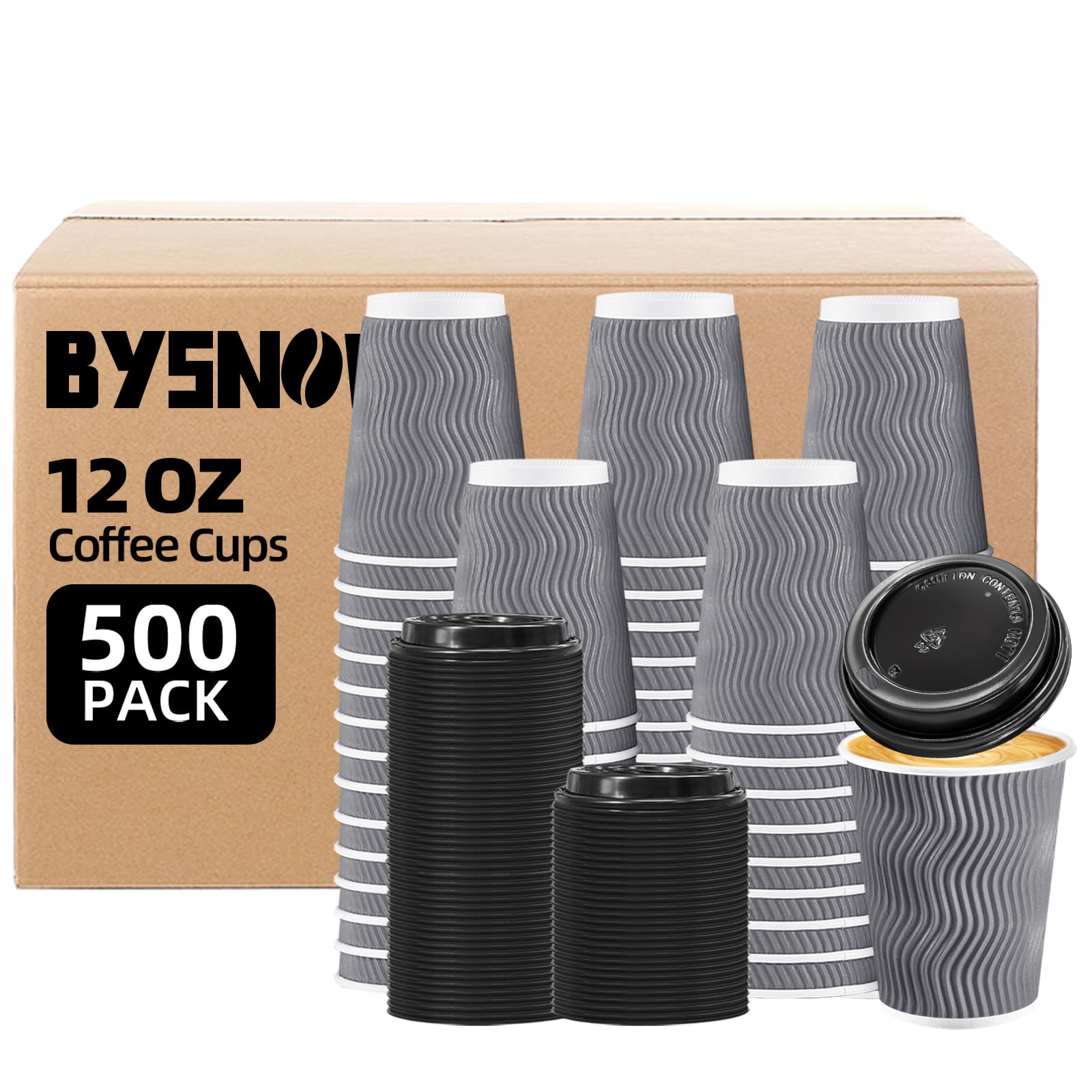 BYSNOW 100 Pack 10 oz Coffee Cups with Lids, Disposable Insulated Hot Cups To Go Paper Coffee Cups, Corrugated Ripple Wall Cup for Hot Drink, Office, Coffee Bar (Grey 10 oz)