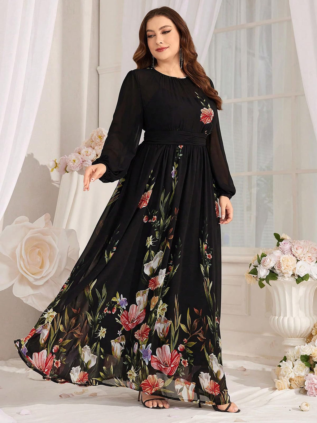 Spring Summer 2024 Plus Size Womens Dresses V Neck Casual Elegant Long Sleeve Floral Print Maxi Dress