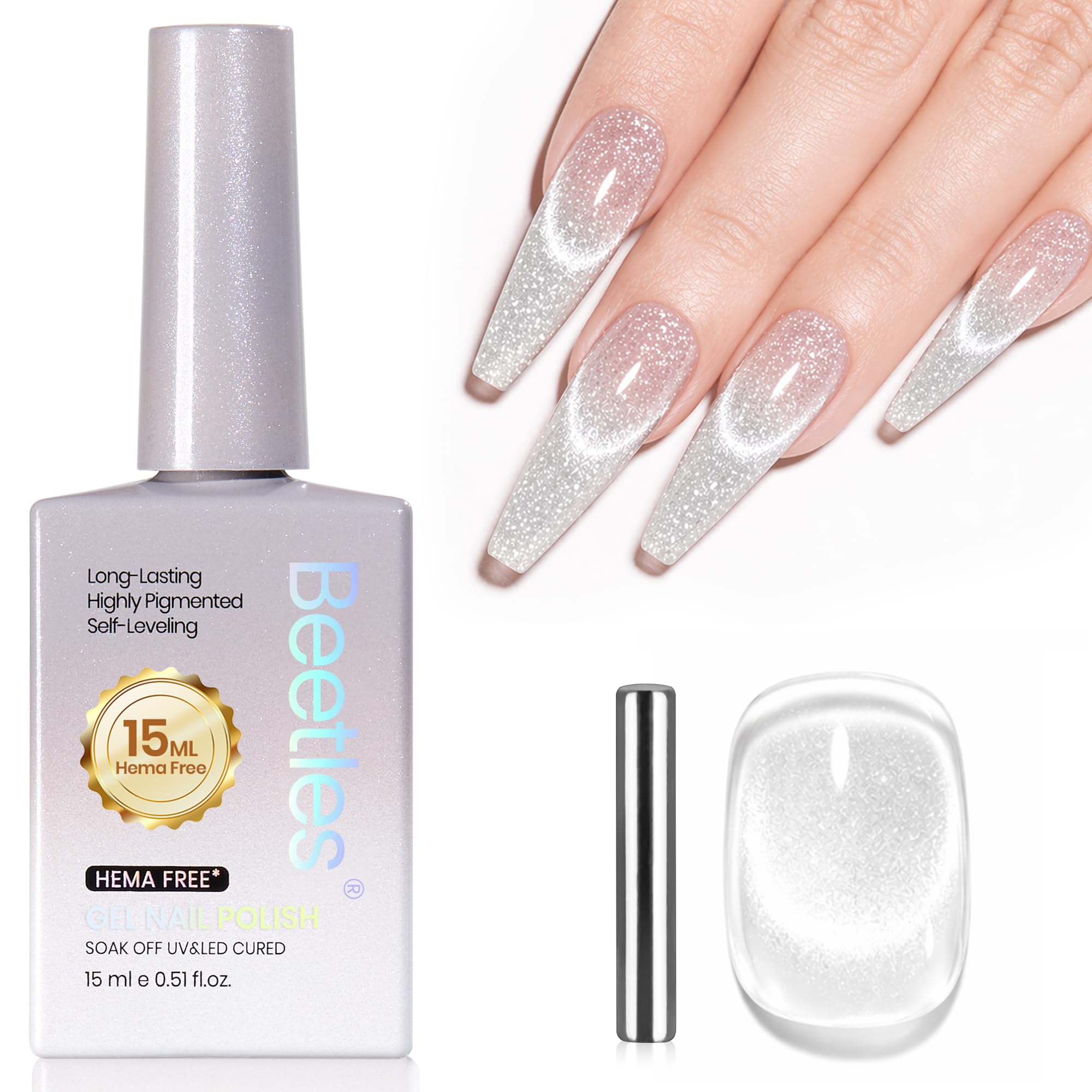 Beetles Star Cascade Silver Cat Eye Gel Nail Polish - 15ML Christmas Silver Glitter Cat Eye Gel Polish with Magnet Soak Off UV Velvet Nail Polish Salon DIY Manicure Winter Gift for Women