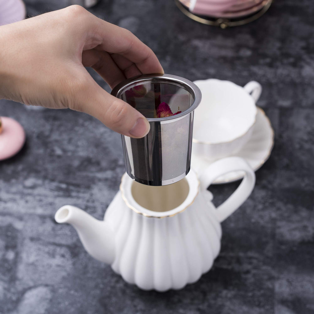 Jusalpha Serve for 6- Fine China Pink Coffee Cup/Teacup Set, 8 OZ Cups& Saucer, with Teapot-Sugar Bowl-Cream Pitcher Teaspoons and tea strainer for Tea/Coffee (Lavender, Serve of 6)
