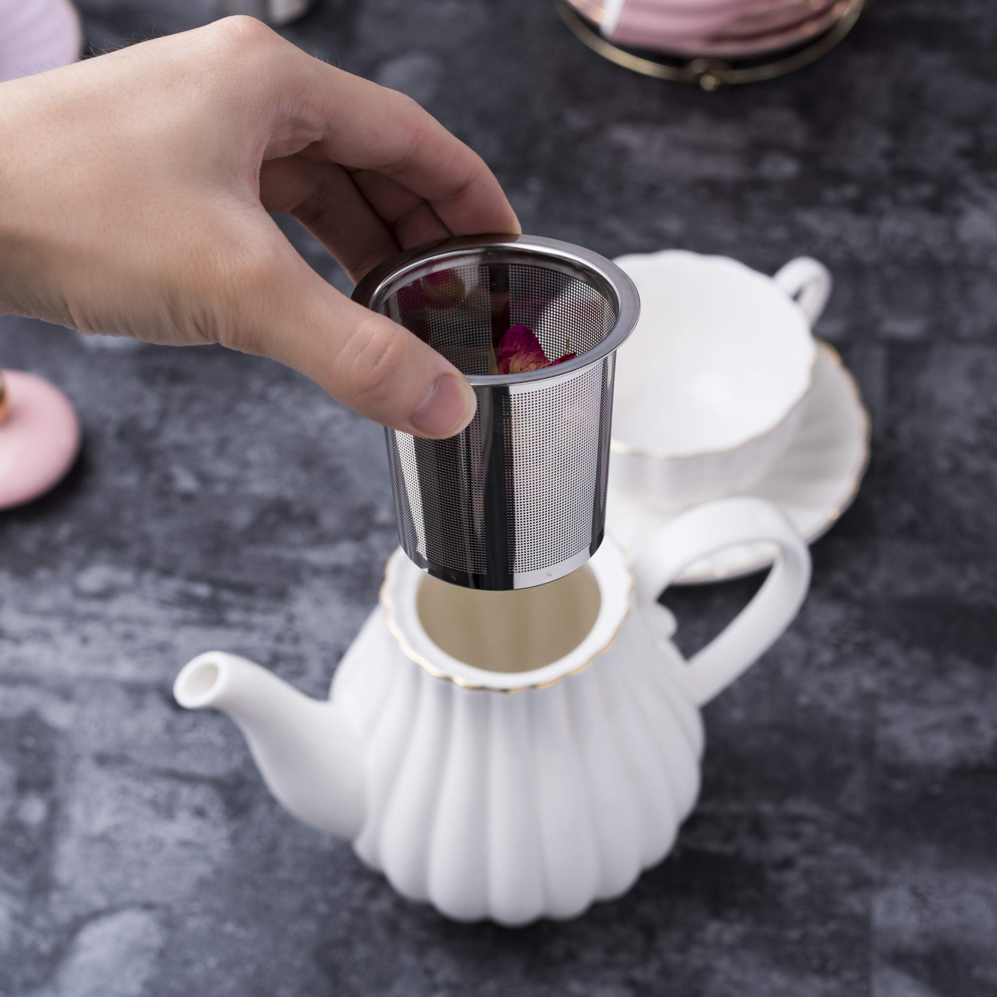 Jusalpha Serve for 6- Fine China Pink Coffee Cup/Teacup Set, 8 OZ Cups& Saucer, with Teapot-Sugar Bowl-Cream Pitcher Teaspoons and tea strainer for Tea/Coffee (Lavender, Serve of 6)