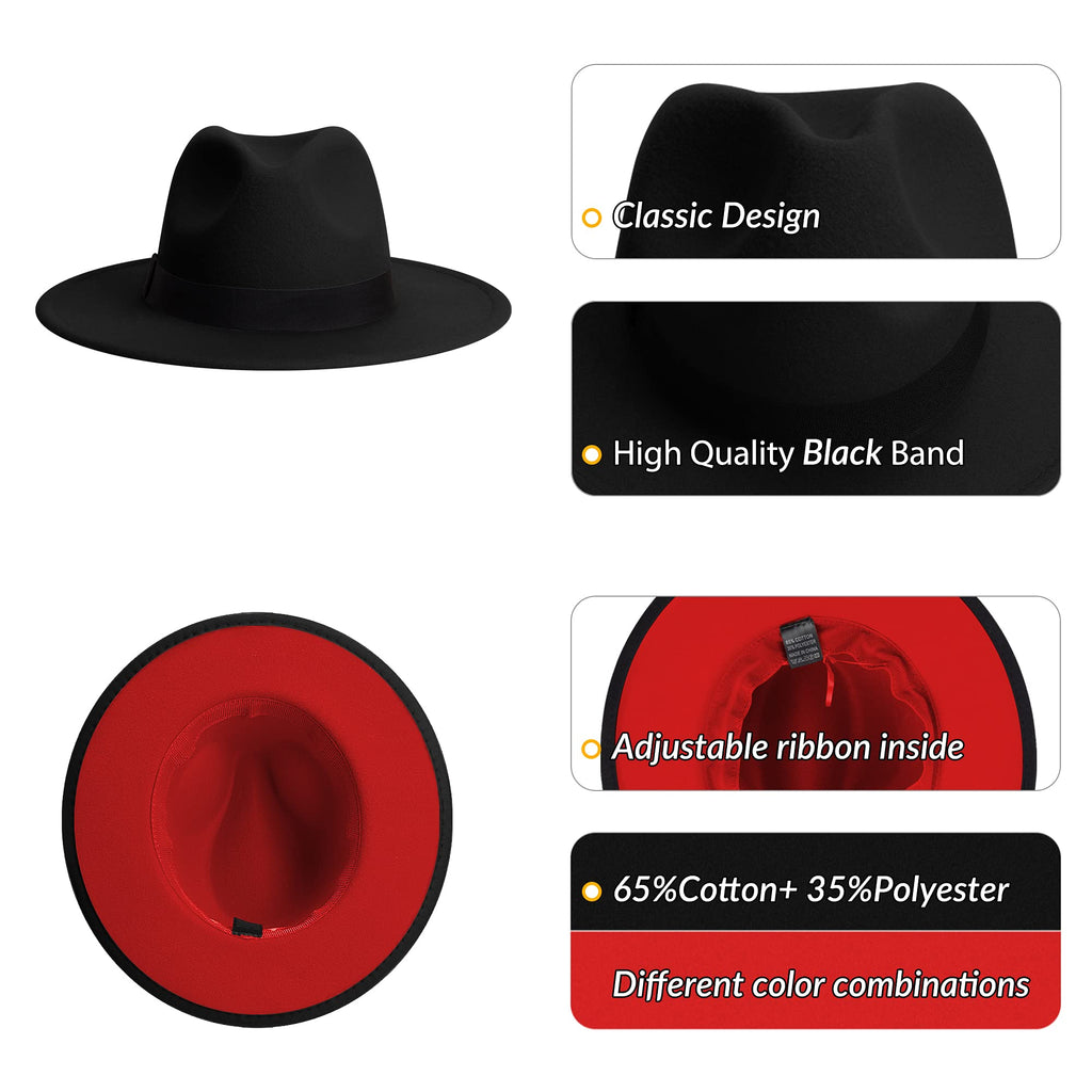 KUJUHA Fedora Hats for Mens/Womens Felt FedoraHats Two Tone Wide Brim Fedora Hats Rancher Hat
