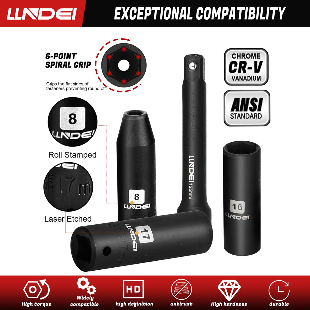 LLNDEI 1/2 inch Drive Deep Impact Socket Set, 37 Piece Standard SAE 3/8" to 1-1/4" | Metric 8 to 24mm, Includes Spark Plug Socket (16, 21mm), CR-MO Universal Joint, Extension Bars and Adapter