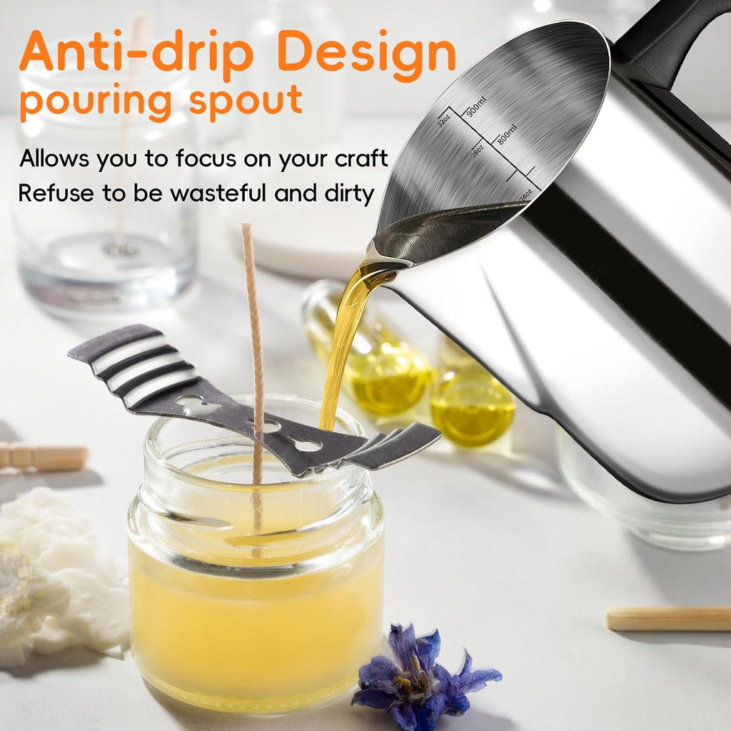 CasaCulina Candle Making Pouring Pot, 32oz Stainless Steel Wax Melting Pot with Heat-Resistant Handle, Double Boiler Candle Making Pitcher with Dripless Pouring Spout Design