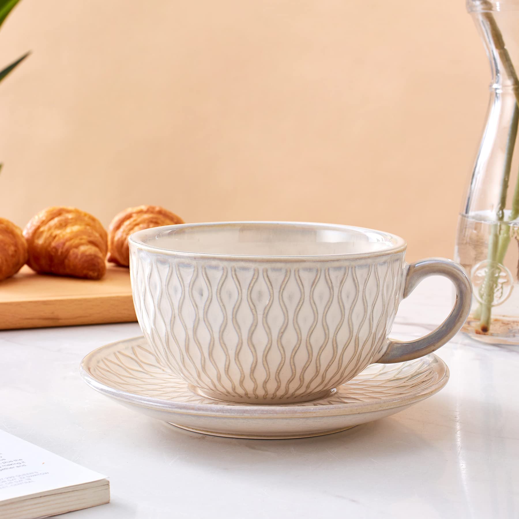 Coffeezone Vintage Design 12 oz Ceramic Latte Art Cappuccino Barista Cup with Saucer (Beige)