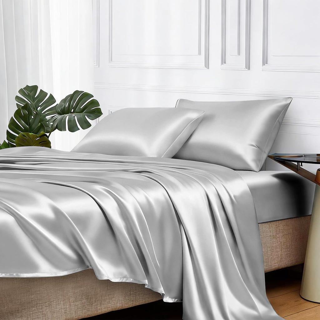 MR&HM Satin Sheets with Elastic Corner Straps, Twin Size 3-Piece Silky Bedding Set, Deep Pocket 15 Inches, Good for Hair & Skin (Twin, Black)