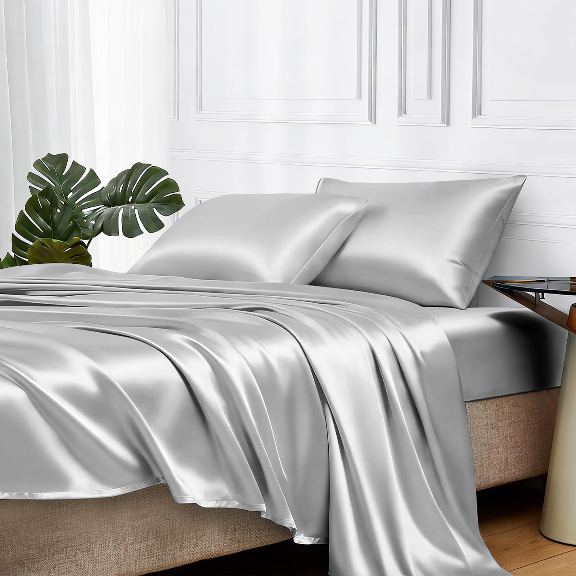 MR&HM Satin Sheets with Elastic Corner Straps, Twin Size 3-Piece Silky Bedding Set, Deep Pocket 15 Inches, Good for Hair & Skin (Twin, Black)