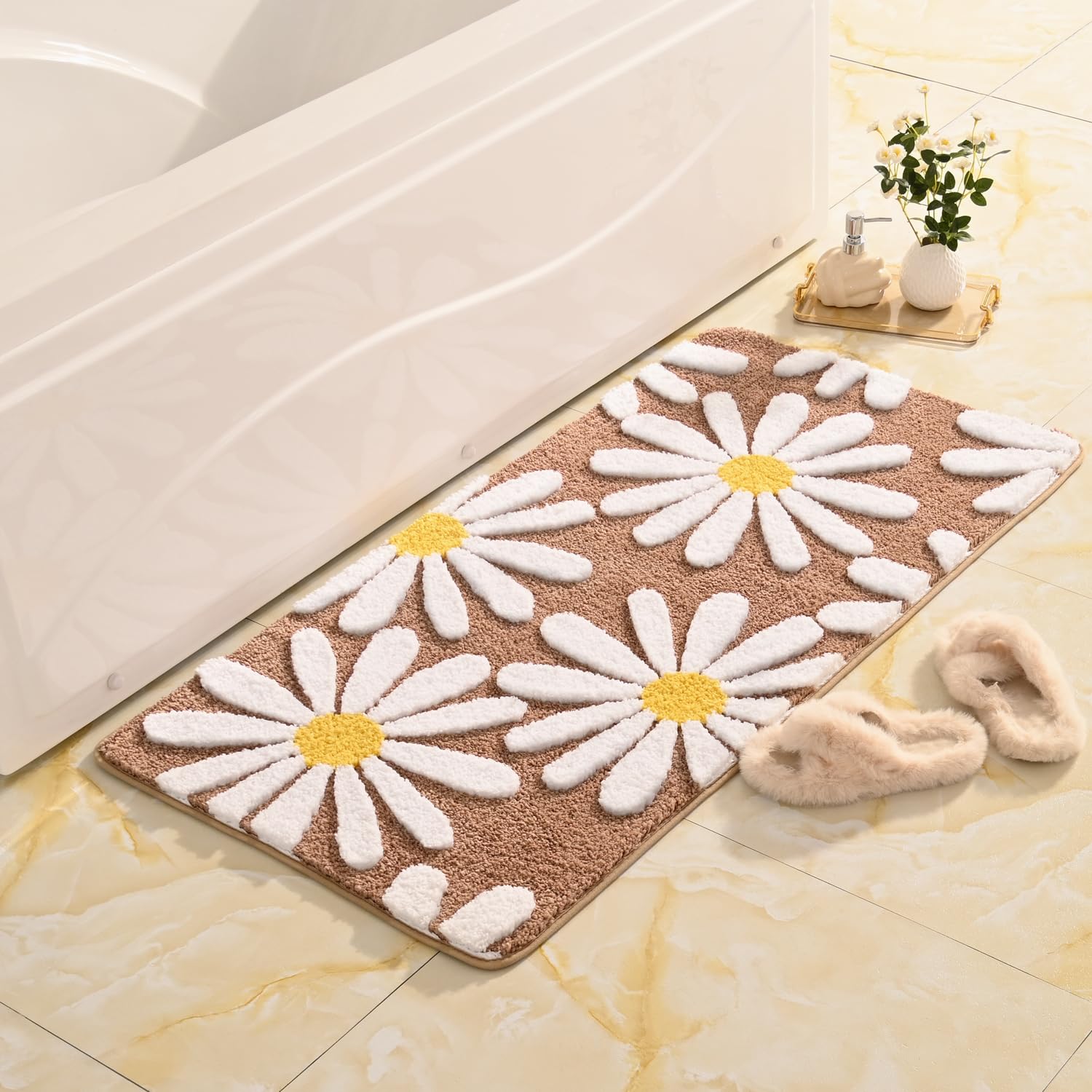 QJHOMO Beige Bathroom Rugs Cute Daisy Bath Mat White and Yellow Flower Decor Rug Non Slip Floor Carpet Microfiber Bathmat Super Absorbent Machine Washable Bathtub Mats for Shower (16x24 inch)