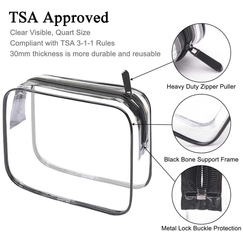Lermende 2pcs Clear Toiletry Bag TSA Approved Travel Bag,Carry On for Travel,Airport Airline Accessories Compliant Bag,Quart Sized Makeup Cosmetic bag Women Men (Black, 2 Pack)