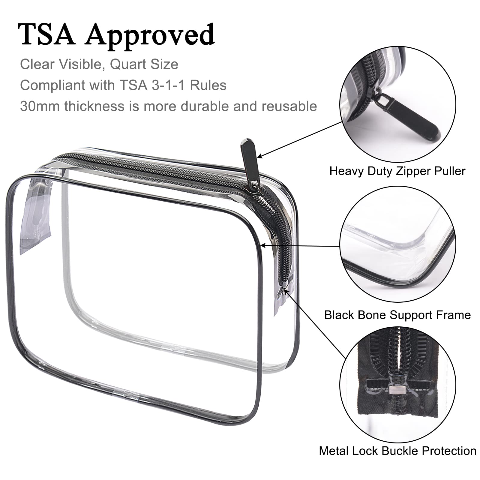 Lermende 2pcs Clear Toiletry Bag TSA Approved Travel Bag,Carry On for Travel,Airport Airline Accessories Compliant Bag,Quart Sized Makeup Cosmetic bag Women Men (Black, 2 Pack)