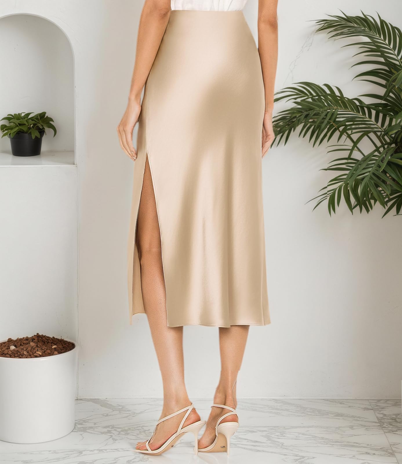 Amy Babe Womens Satin Silk High Waist Slit Midi Skirt Elastic Waistband Midi Skirts for Women