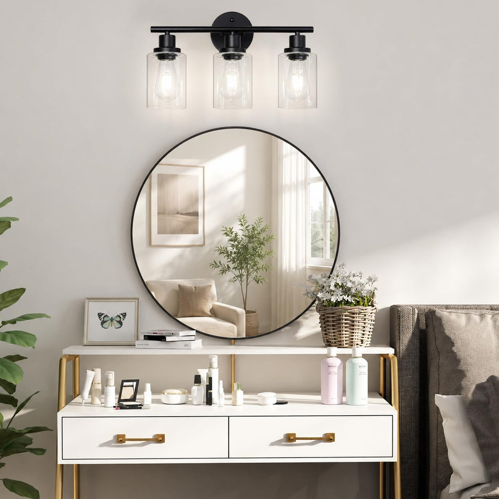 Unicozin 2 Pack Modern Bathroom Light Fixtures, 3 Light Vanity Lights, Black Wall Lamp with Clear Glass for Bathroom, Mirror, Living Room, Bedroom, Hallway, E26 Base