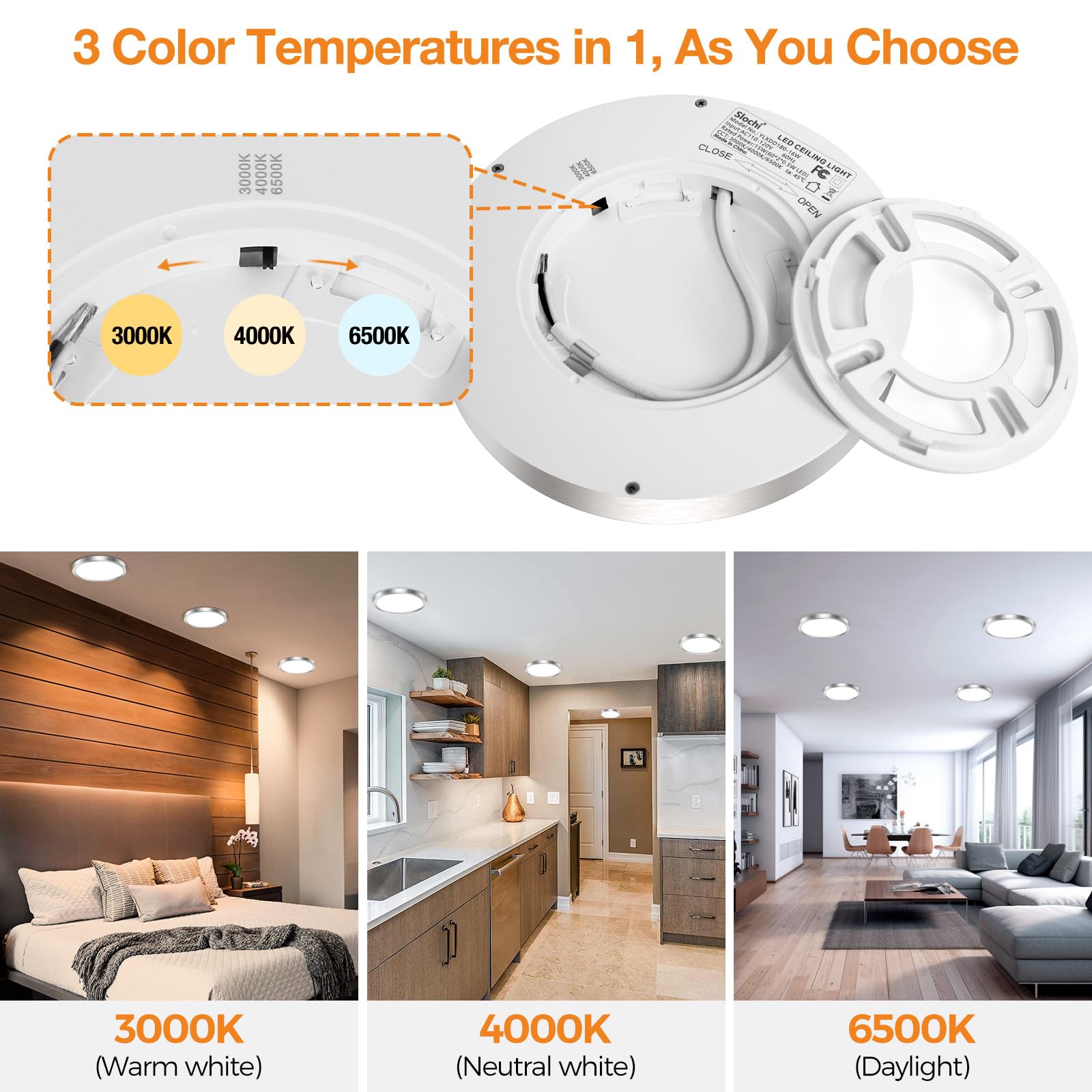 1PACK LED Flush Mount Ceiling Light Fixture, 3000K-4000K-6500K & 100W Equivalent Modern Kitchen Ceiling Lamp 15W 1500Lm 7.5 Inch Closet Round Surface for Bathroom Laundry Bedroom Hallway, Black