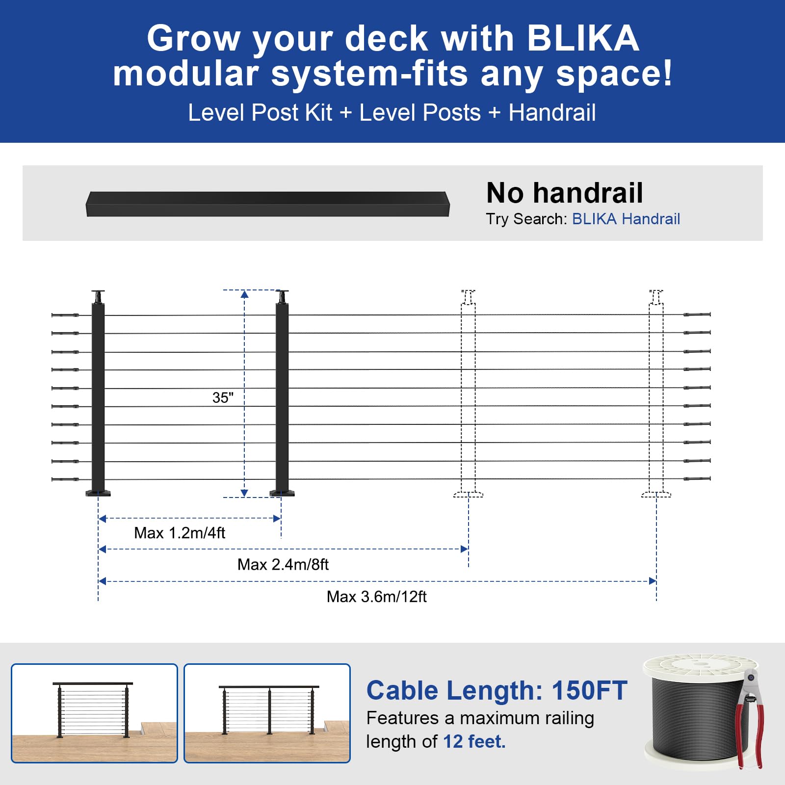BLIKA 36" Cable Railing Corner Post, 304 Stainless Steel, 2-Side Drilled Adjustable Top Corner Post, Surface Mount Matte Black Cable Railing System Corner Post