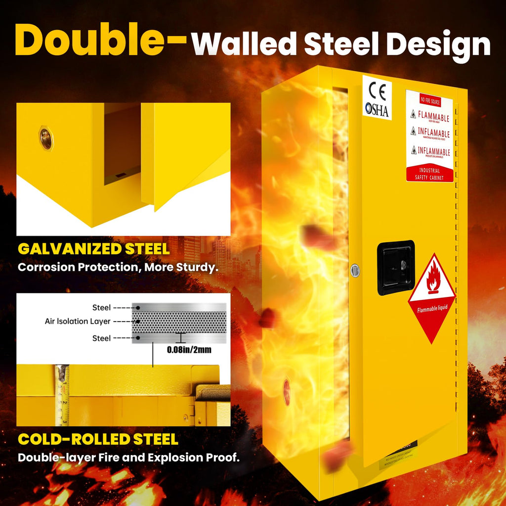 16 Gallon Flammable Storage Cabinet 18"x18"x23", Galvanized Steel, Flammable Safety Cabinet with Adjustable Shelf, for Industrial and Home Use, Yellow