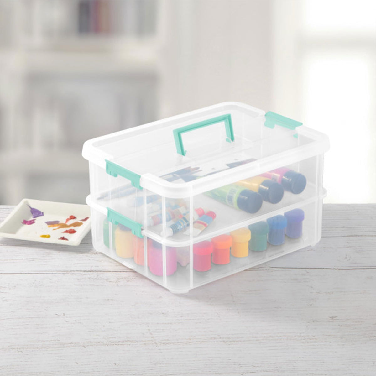 Sterilite 4-Pack Stack & Carry, 2 Layer Handle Box for Home & Office Storage - Clear Base & Lid with Color Latches, Organizer for Art & Craft Supplies, Sewing Tools or 8.5" x 11" Paper