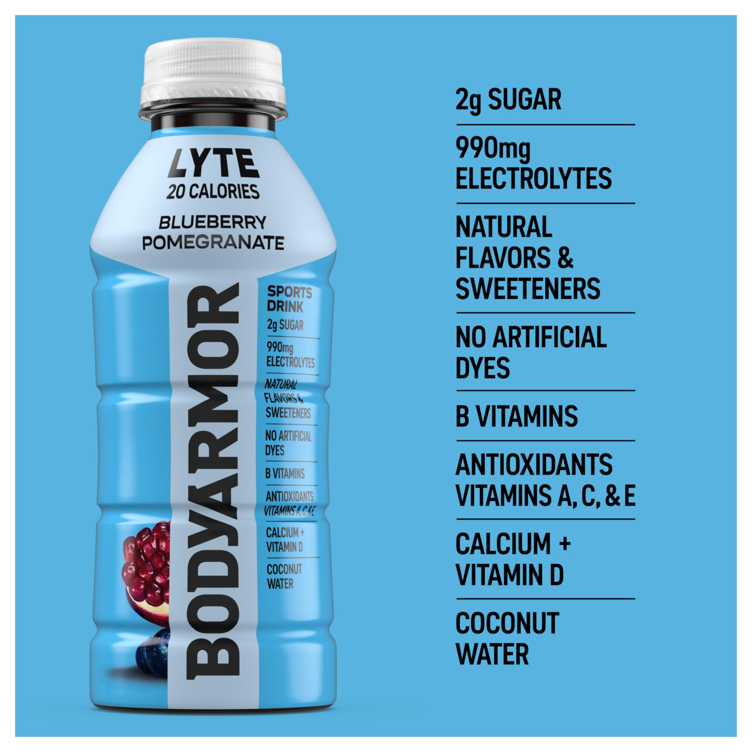 BODYARMOR Lyte Sports Drink Low-Calorie Beverage, Blueberry Pomegranate, Coconut Water Hydration, Natural Flavors with Vitamins, Potassium-Packed Electrolytes, 16 Fl Oz (Pack of 12)