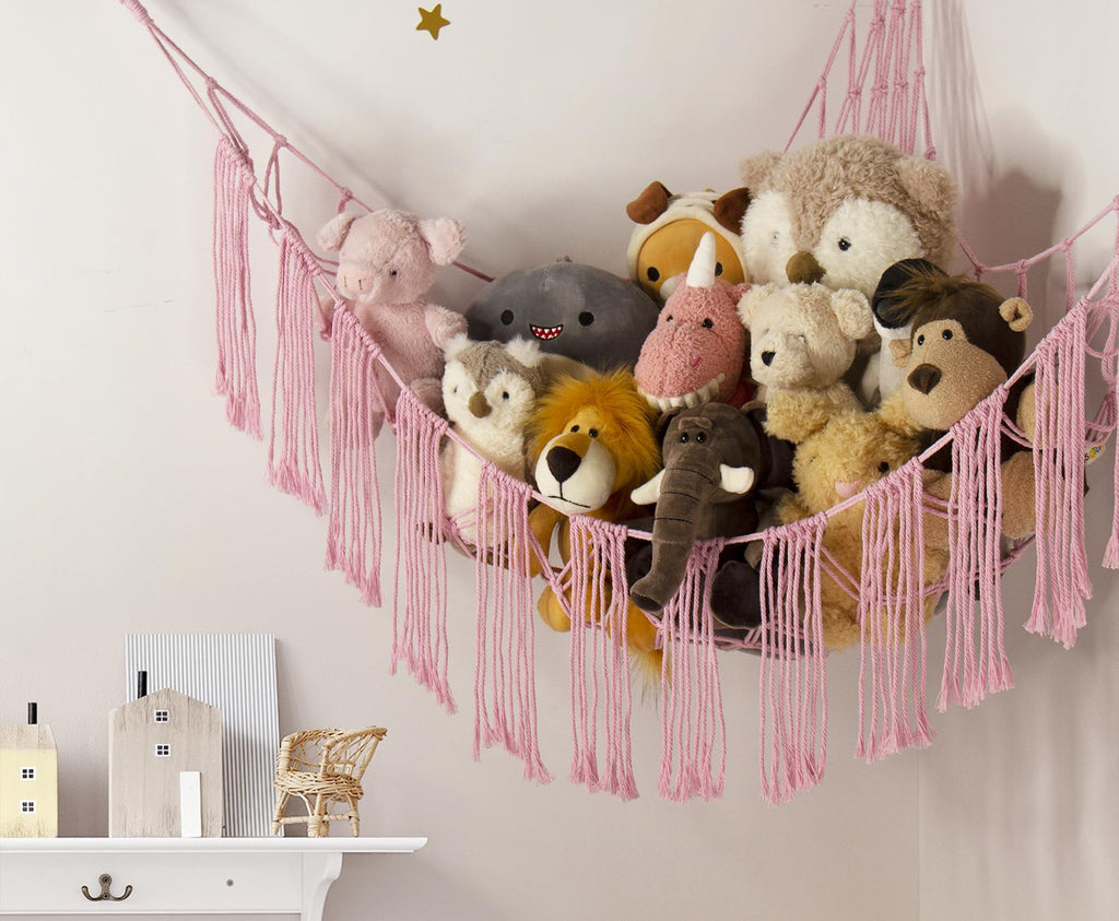 Stuffed Animal Hammock Corner with LED Light - Toy Storage Hammock Plushie Net Large - Cute Stuff Animals Holder Hanging Organizer - Baby Room Decor Kids Toddler Nursery Bedroom Boho