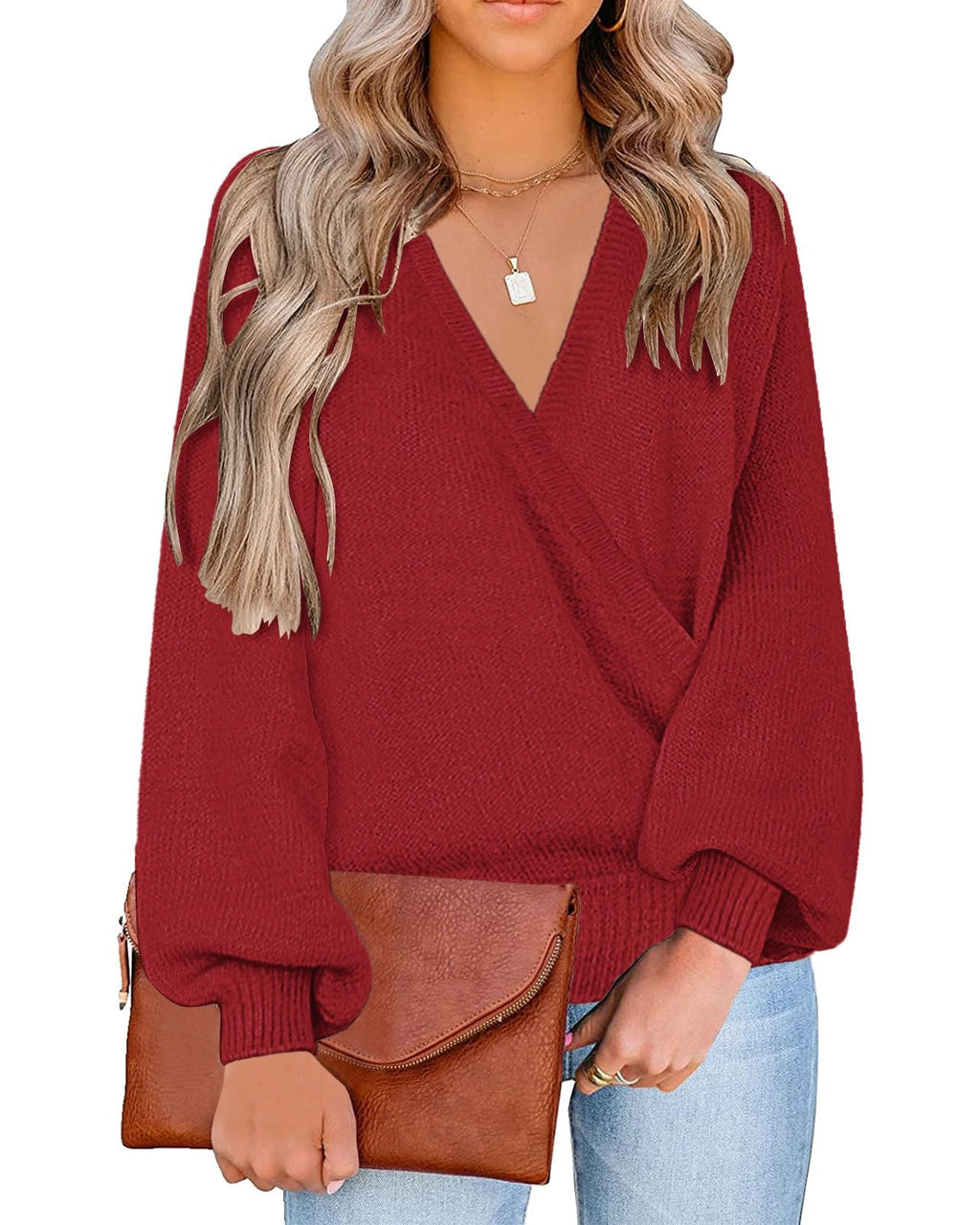 LookbookStore Women's Knit Long Sleeve Faux Wrap Surplice V Neck Sweater Top