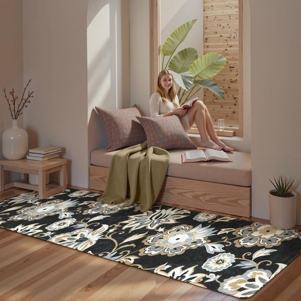 Lahome Floral Washable Area Rugs - 2x3 Non-Slip Small Entryway Rug Indoor, Throw Stain Resistant Kitchen Rugs Soft Black Paisley Print Bathroom Mats DoorMat Carpet for Bedroom Laundry Living Room Sink