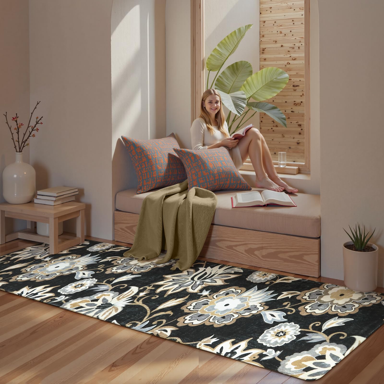 Lahome Floral Washable Area Rugs - 2x3 Non-Slip Small Entryway Rug Indoor, Throw Stain Resistant Kitchen Rugs Soft Black Paisley Print Bathroom Mats DoorMat Carpet for Bedroom Laundry Living Room Sink