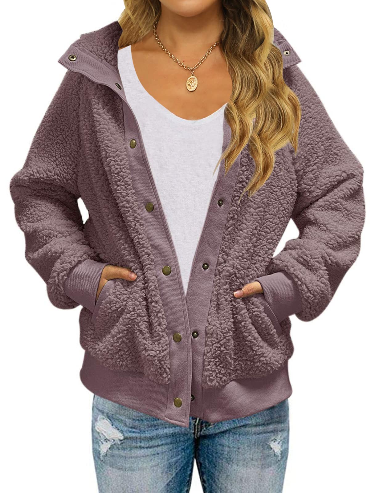 MEROKEETY Womens Fleece Sherpa Jacket Fall Winter Coats 2026 Fuzzy Button Down Warm Outerwear with Pockets