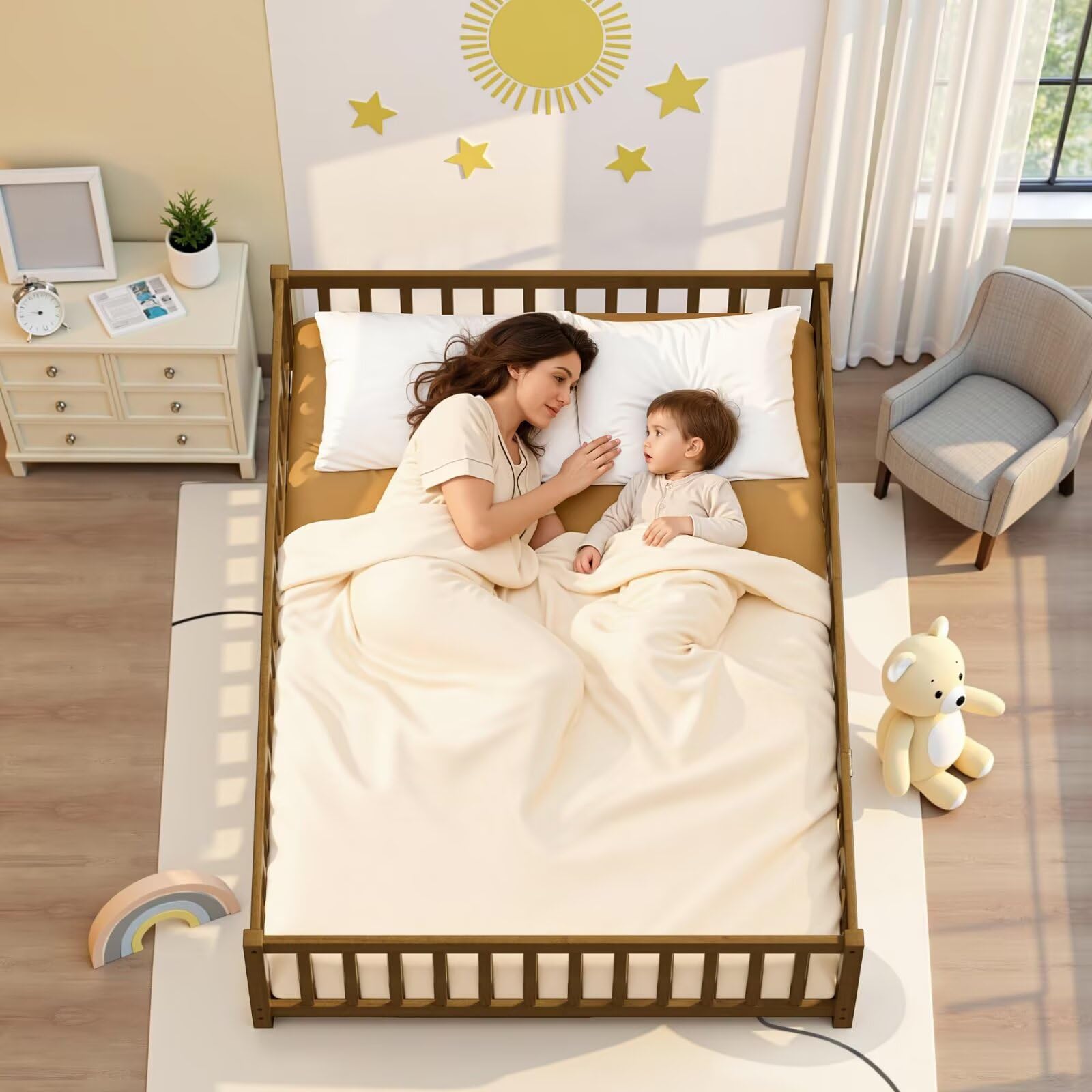 i-POOK Queen Floor Bed for Children, Sturdy Wood Montessori Bed Frame with Wood Slats, High Fence & Small Door for Girls and Boys, Espresso (with Bed Slats)