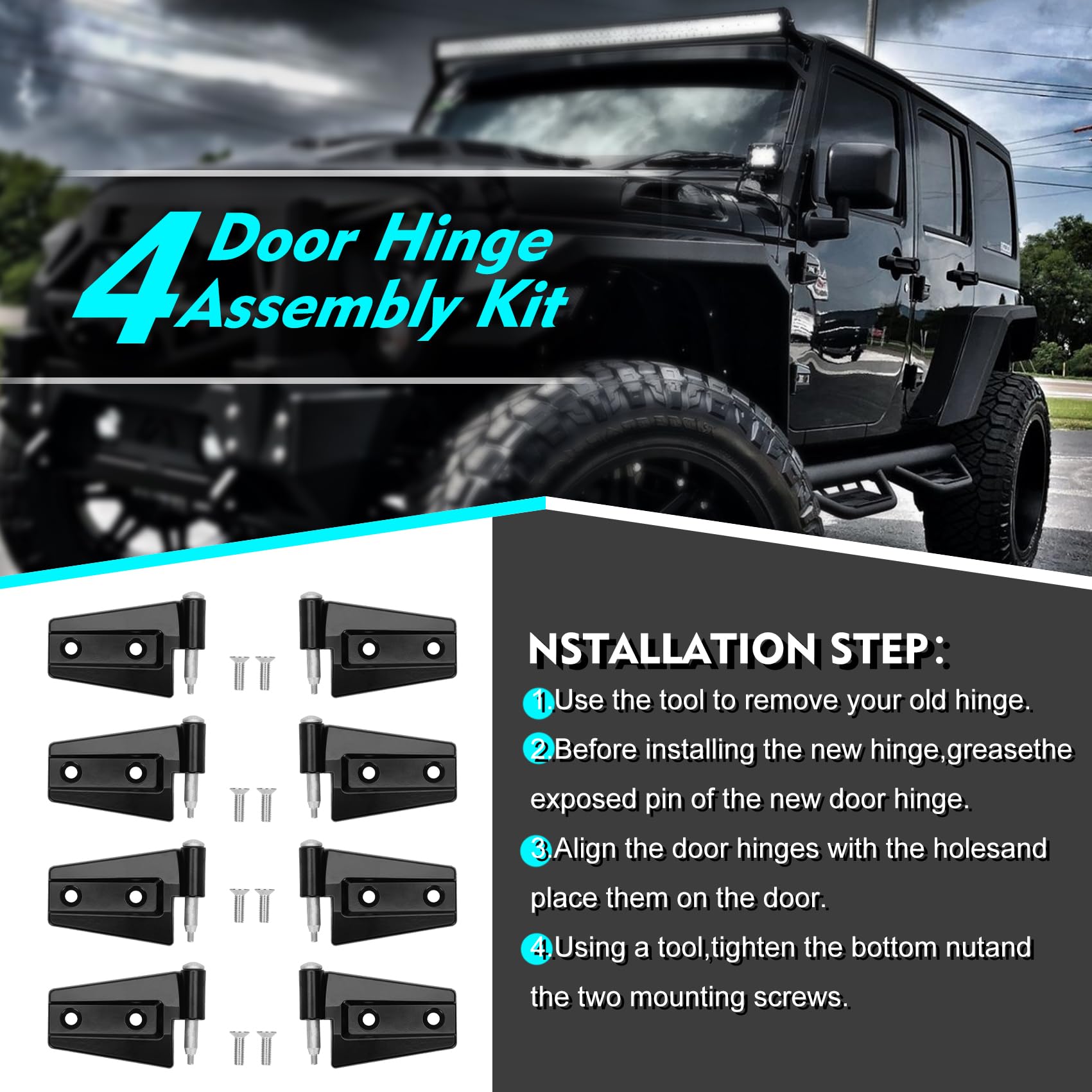 Jeep Wrangler JK 2 Door Hinge Assembly Kits Compatible with 2007-2018 Jeep Wrangler JK JKU Rubicon Unlimited Sahara Inside and Outside (2 Door), Jeep Wrangler JK JKU 2 Door Hinge 8PCS with 18 Bolts