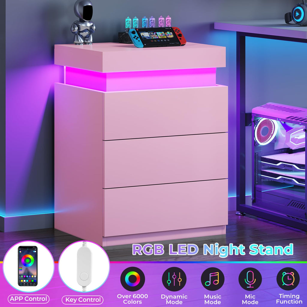 BTHFST LED Nightstands Set of 2,Night Stands for Bedroom Set of 2,Nightstand with Charging Station and Sliding Top,Bedside Table with Power Outlets & Drawers,Modern End Side Table (Black)