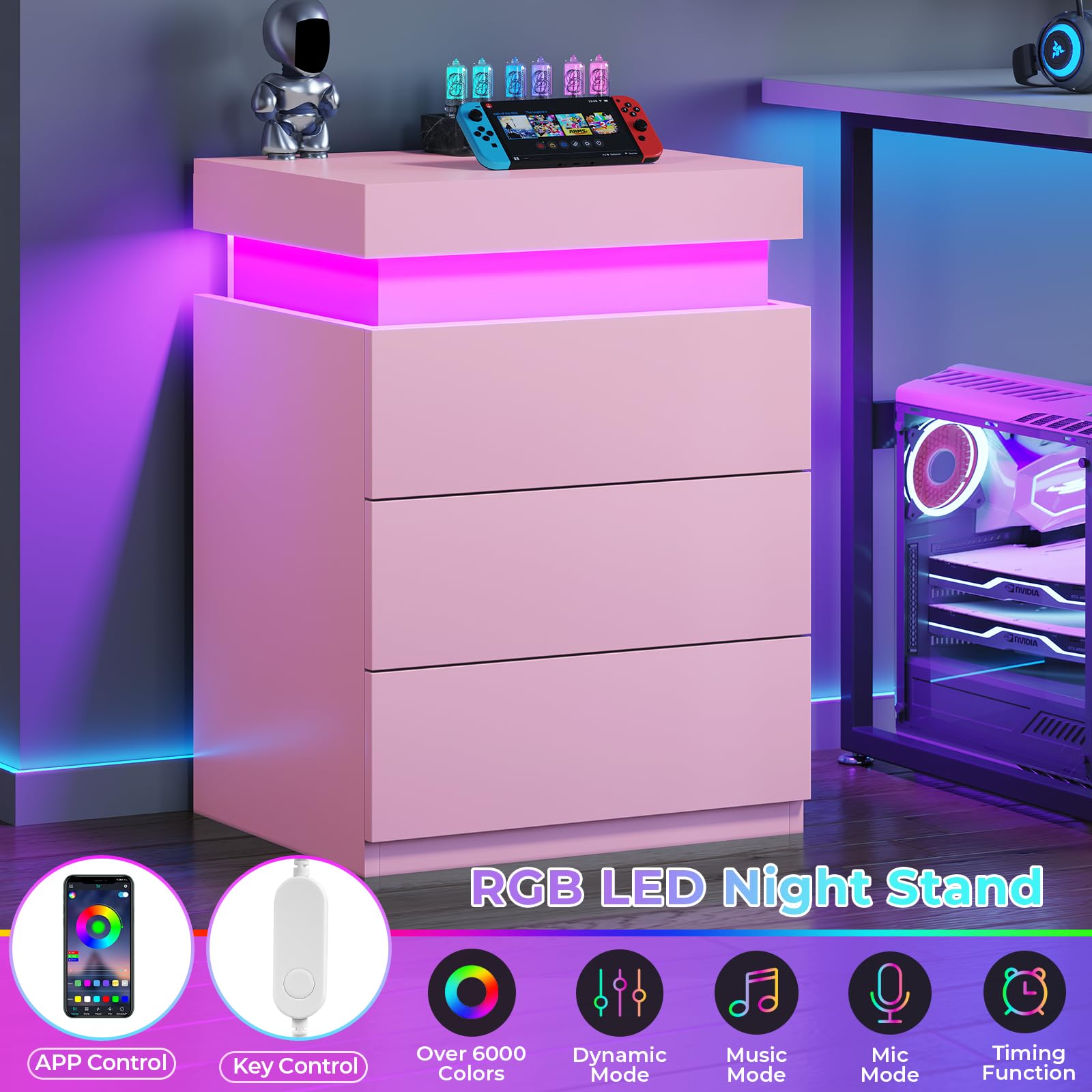 BTHFST LED Nightstands Set of 2,Night Stands for Bedroom Set of 2,Nightstand with Charging Station and Sliding Top,Bedside Table with Power Outlets & Drawers,Modern End Side Table (Black)