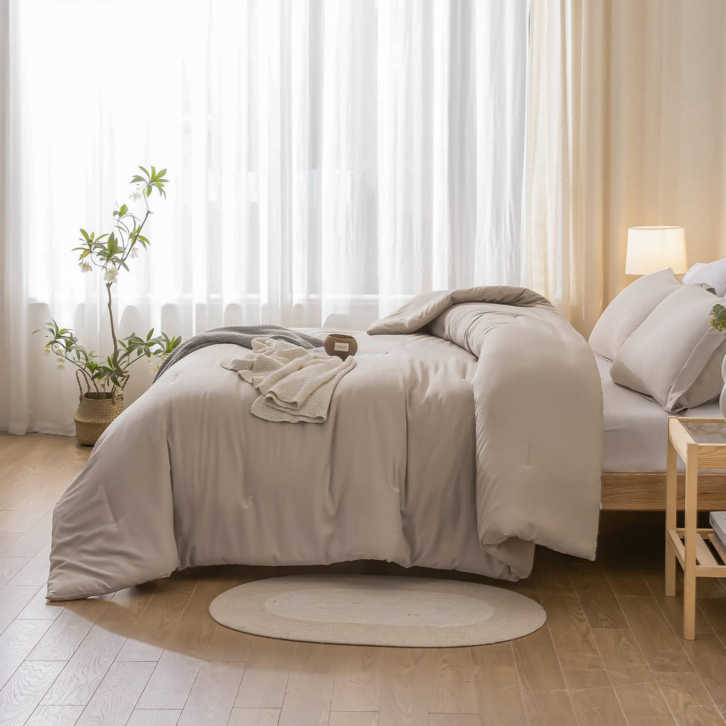 weigelia Twin Comforter Set 5 Pieces Beige Bed in A Bag Soft Queen Bedding Set Lightweight Comforter Set for Women and Men（Comforters, Flat & Fitted Sheets, Pillowcases & Shams）