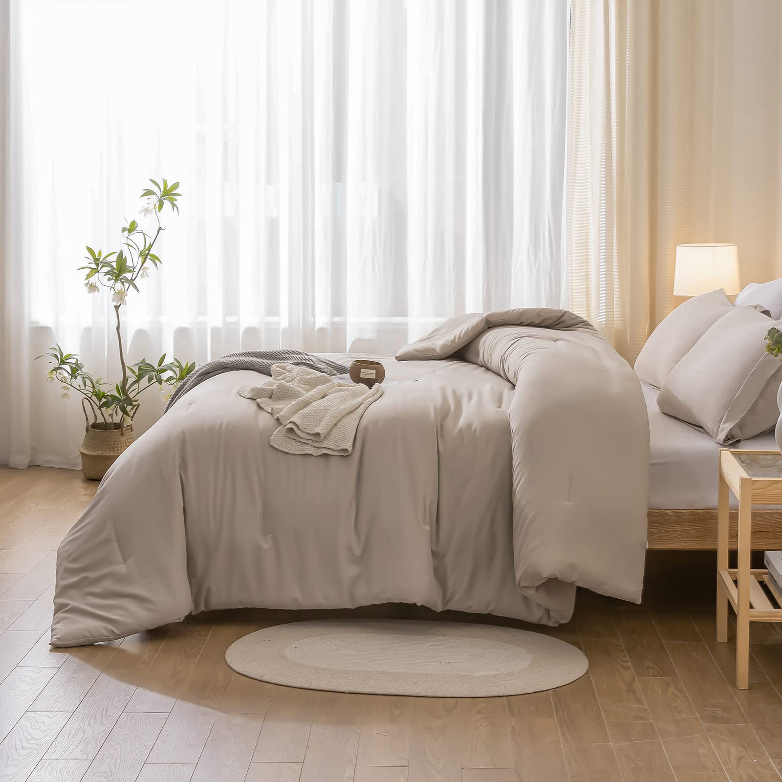 weigelia Twin Comforter Set 5 Pieces Beige Bed in A Bag Soft Queen Bedding Set Lightweight Comforter Set for Women and Men（Comforters, Flat & Fitted Sheets, Pillowcases & Shams）