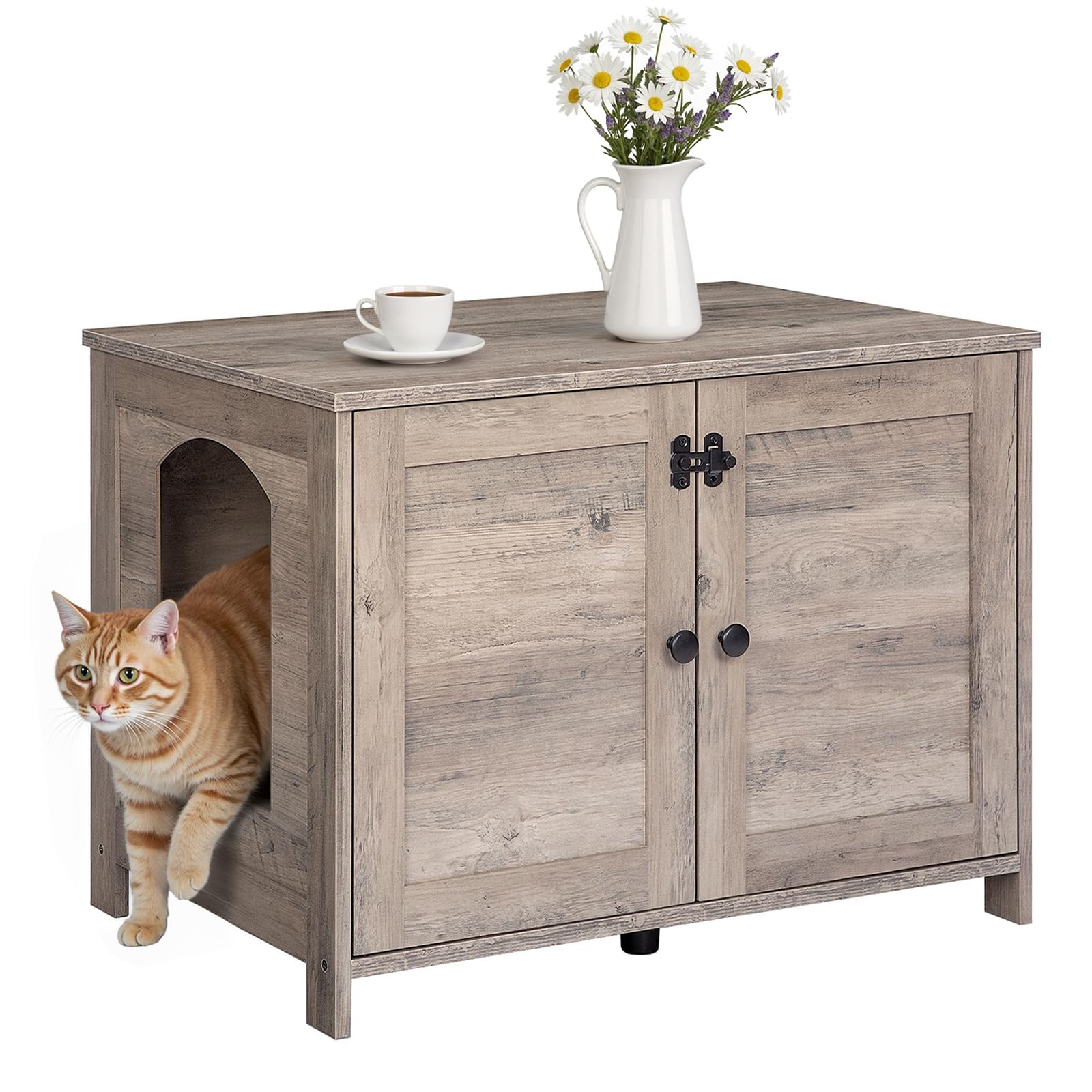 HOOBRO Litter Box Enclosure, Cat Litter Box Furniture with Removable Divider, Large Hidden Litter Box Furniture, Wooden Cat House, End Side Table, 31" L x 17.5" W x 19.7" H, Greige BG03MW01G2