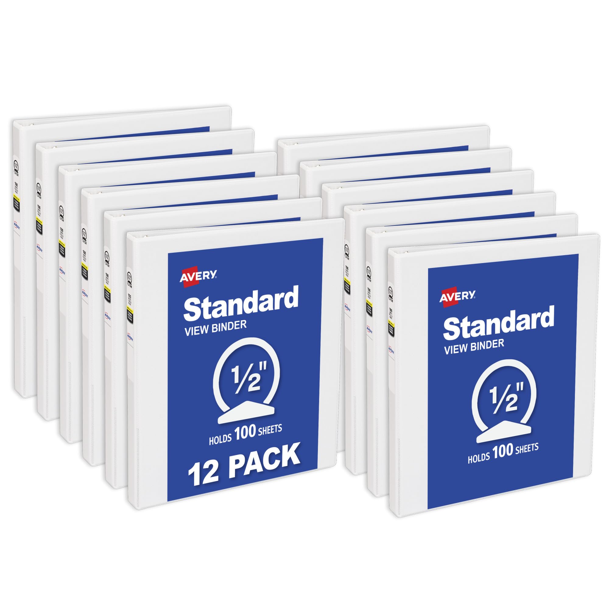 Avery Standard View 3 Ring Binders, 0.5" Round Rings, 100-Sheet Capacity, 0.7 Inch Wide Spine, White Binders, Ideal for Lightweight Organization and Occasional Referencing (12-Pack of 05706)