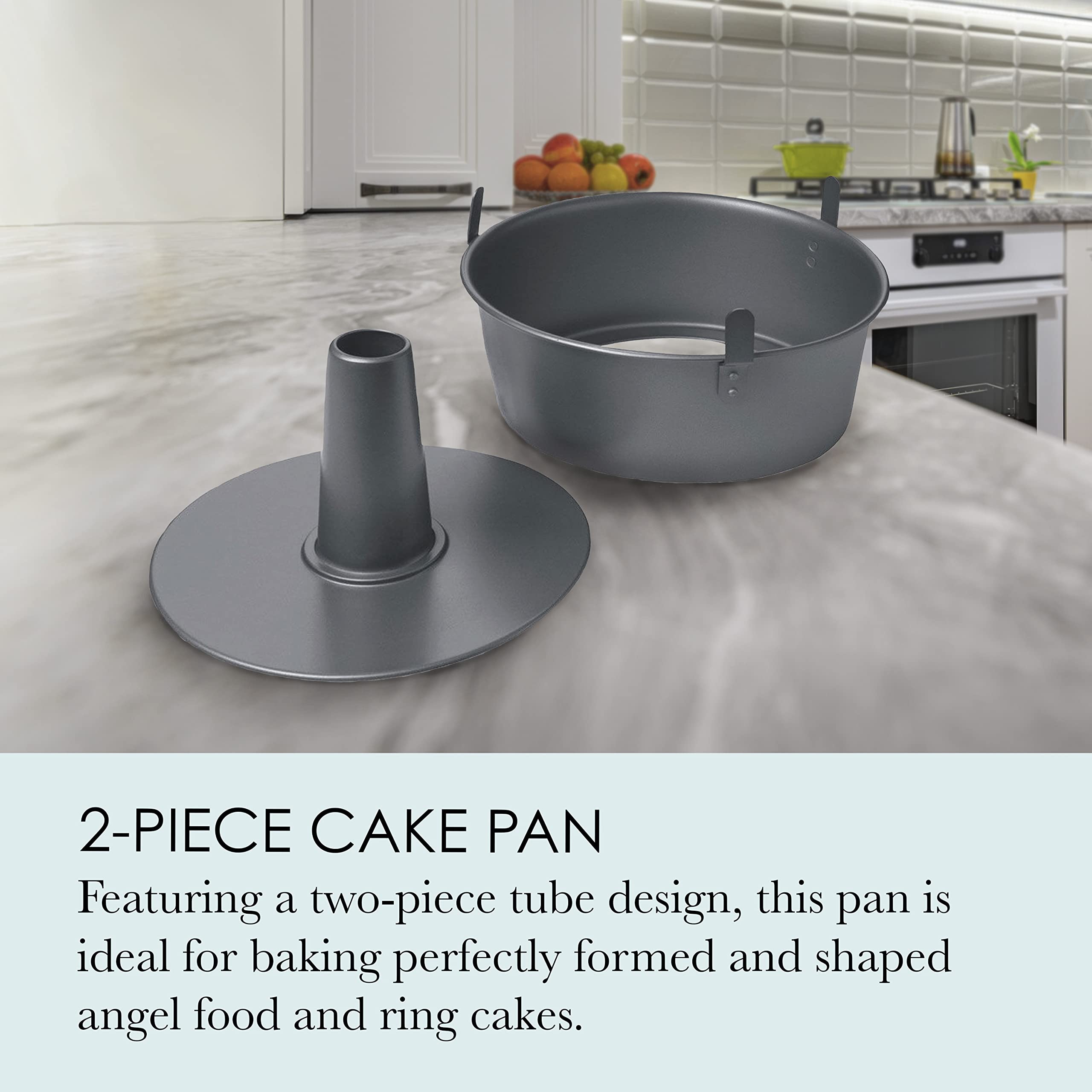 Chicago Metallic Angel Food Cake Pan with Cooling Feet, 2-Piece Nonstick Tube Pan, 9.5 Inch Carbon Steel, Perfect for Pound and Sponge Cakes