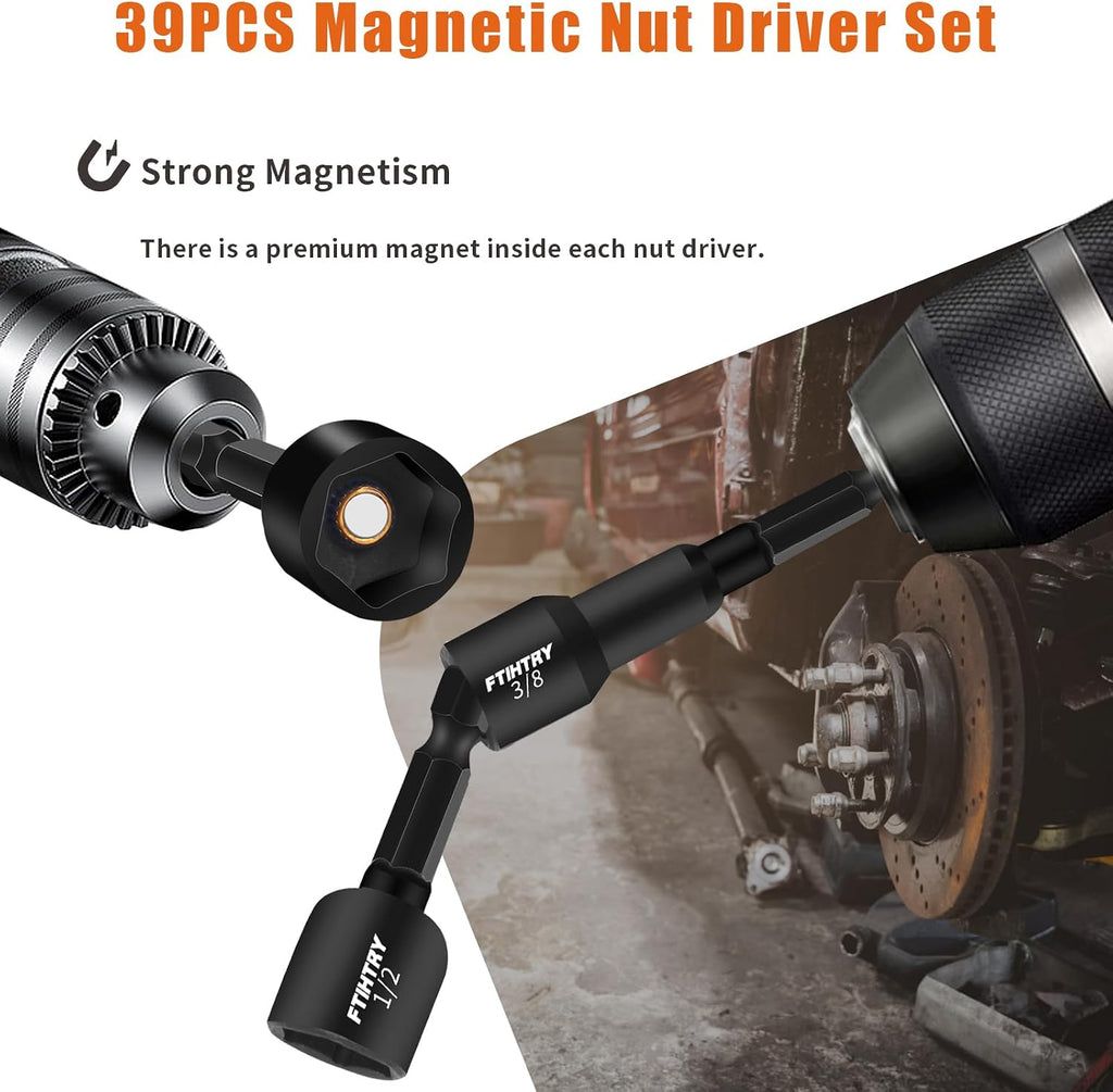 FTIHTRY 39Pcs Magnetic Nut Driver Set for Impact Drill, Metric & SAE Magnetic Impact Drill Driver Bit, 1/4" Hex Shank, Fully Magnetic Hex Nut Driver Drill Bit Master Kit, Black