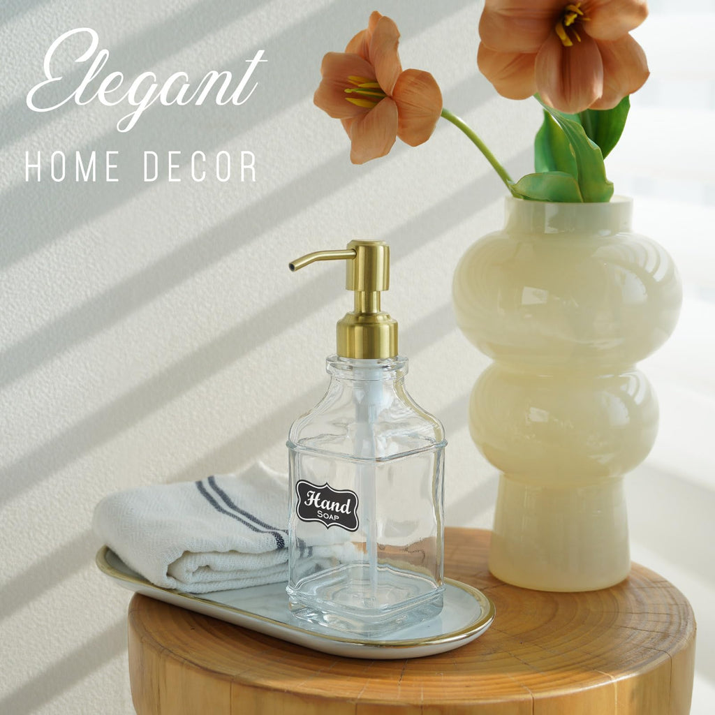 JASAI Antique Design Soap Dispenser with Rust Proof 304 Stainless Steel Pump, Refillable Glass Soap Dispenser with 10Pcs Clear Stickers, Premium Kitchen & Bathroom Soap Dispenser