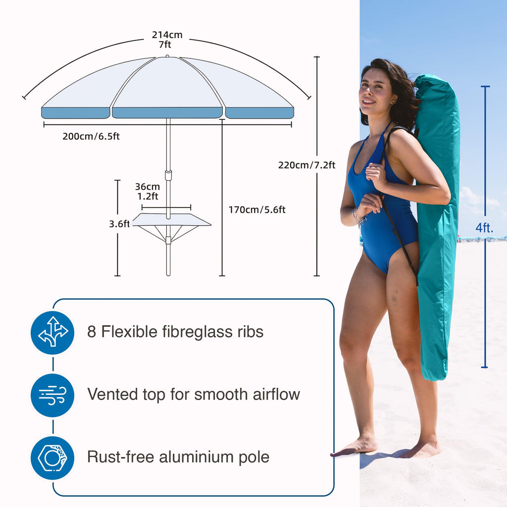 AMMSUN 7ft Heavy Duty High Wind Beach Umbrella with sand anchor, Built-in Table Tray Vent Tilt Pole, UPF 50+ Windproof Portable Outdoor Umbrellas Carry Bag for Patio Garden Pool Backyard stripe