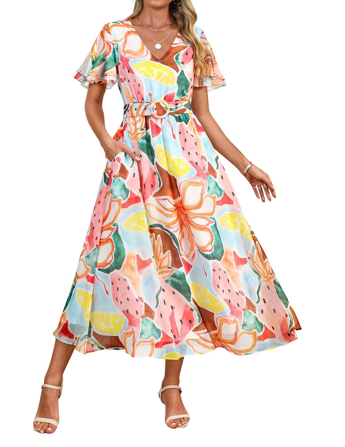 ZESICA Women's 2026 Summer Floral V Neck Midi Dress Boho Short Sleeve High Waist Flowy Beach Vacation Dresses with Belt