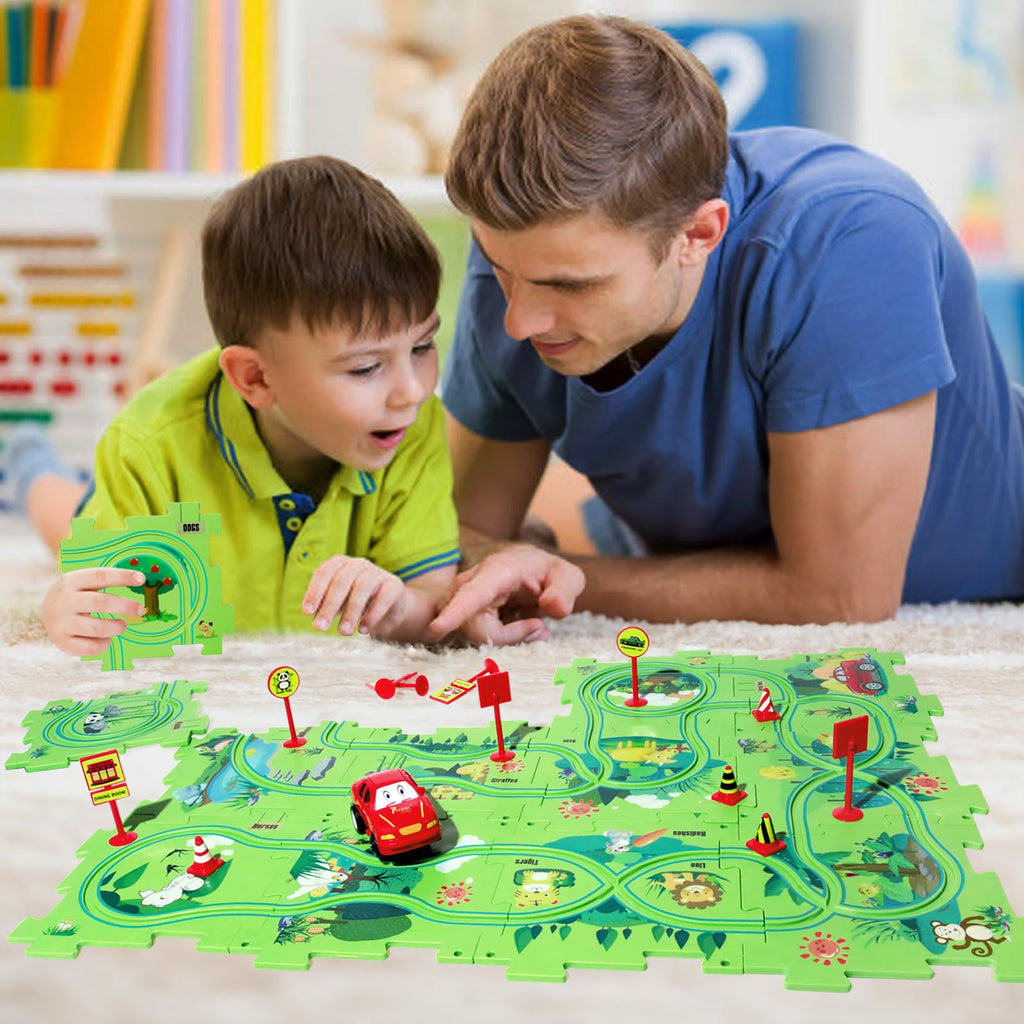 Puzzle Track Car Play Set with 12 Dinosaur Figures, Plastic Railcar Floor Puzzles for Kids Ages 3-5 with Vehicles, Toys Gifts for 3 4 5 6 Year Old Boys