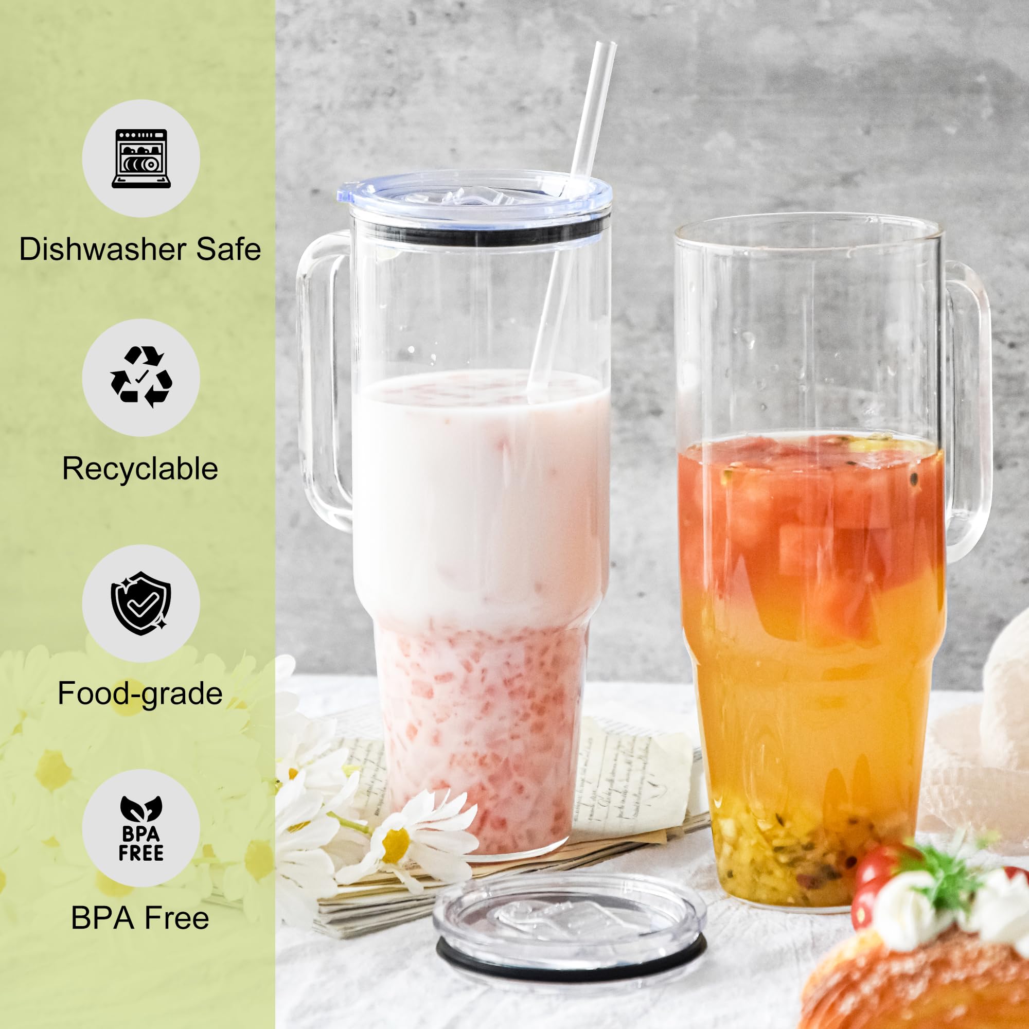 40 oz Glass Tumbler with Handle 12 Pack Glass Tumbler with Straw and Lid Clear Reusable Iced Coffee Cup, Fits Car Cup Holder, BPA Free, for Boba Tea, Juice, Smoothie, Beer(Sublimatable)