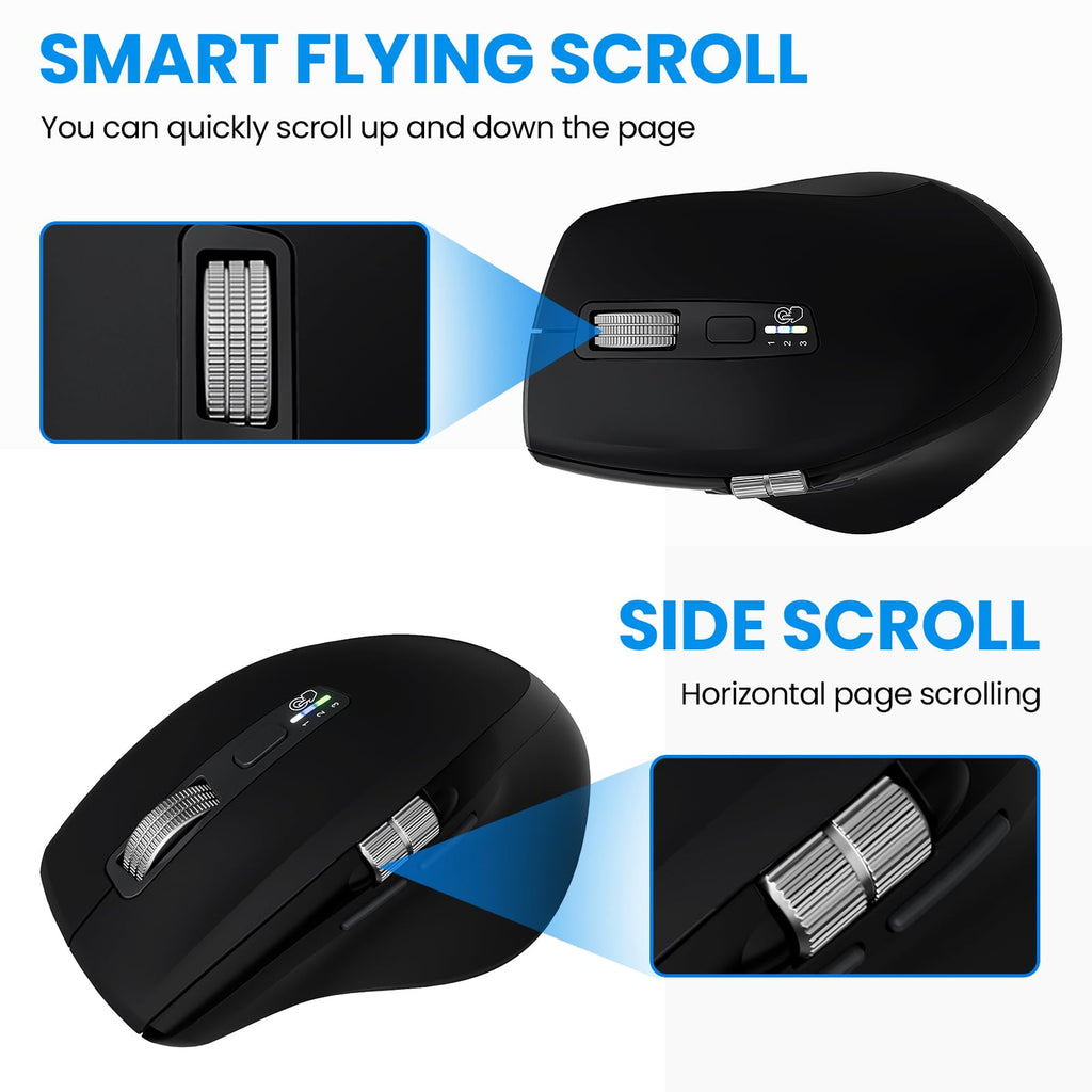 INFINMIND Wireless Bluetooth Side Scroll Mouse with Multi-Device, Ergonomic Computer Mice with Smart Flying Scroll, Quiet Click 4-Level DPI for Computer, Laptop, iPad, Tablet, MacBook (Black)