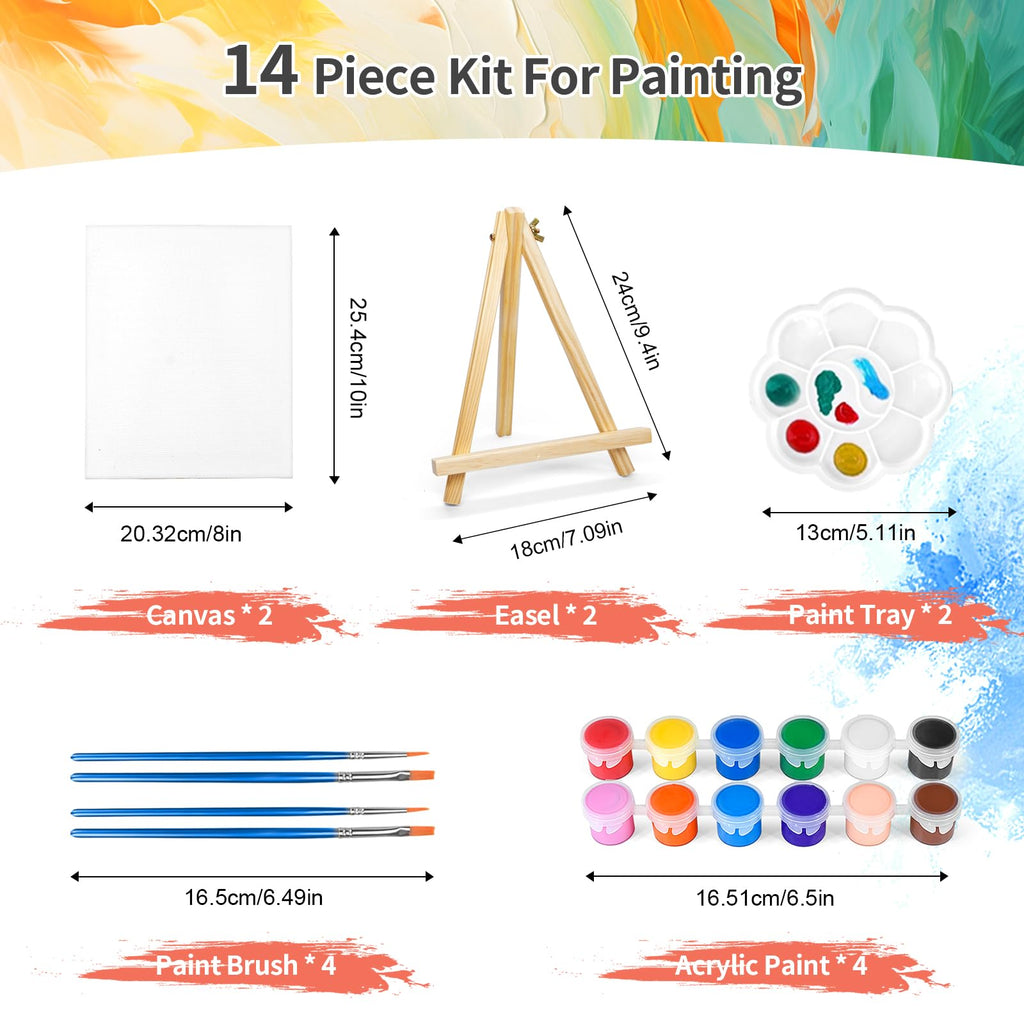 2 Pack 8 * 10In Canvas Boards for Painting, Art Canvas for Drawing with 4 Brushes & 2Paint Trays & 4 Acrylic Paint, Mini Painting Canvas with Easel Set, Painting Kits for Adults Party