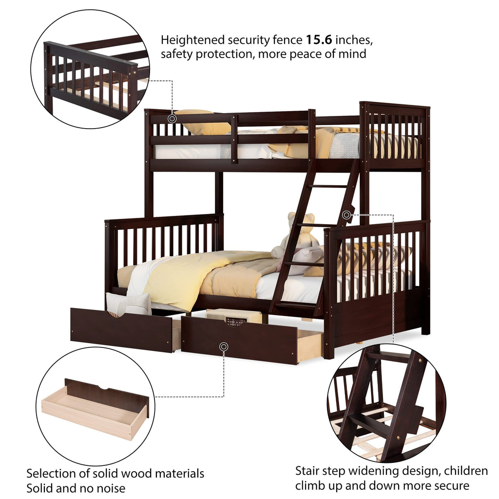 Merax Wood Bunk Bed with Two Drawers,Convertible Wood Bunk Bed with Ladders and Two Storage Drawers,Solid Wood Detachable Bed Frame with Ladders, Twin Over Full Size, Espresso