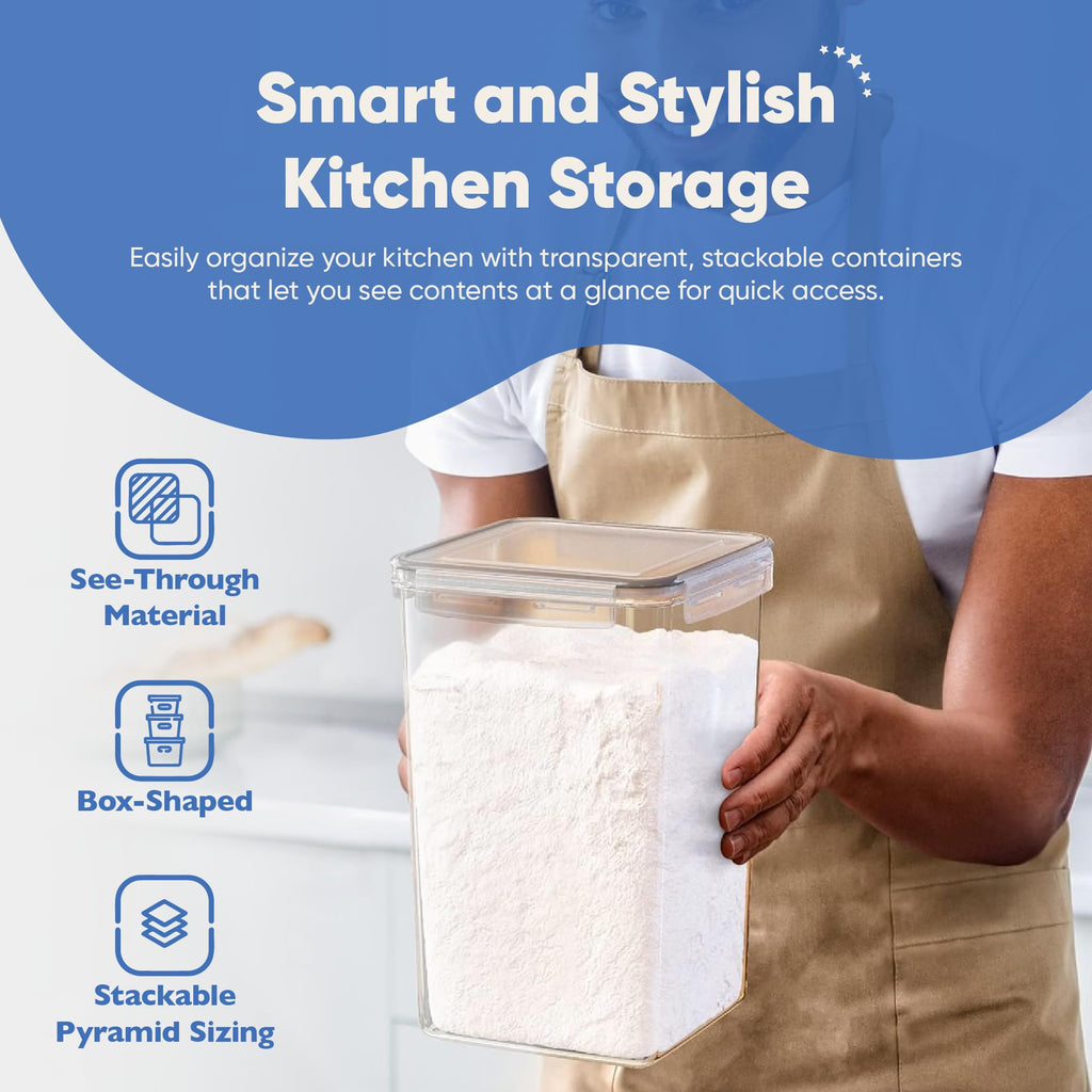 Chef's Path Kitchen Storage Box Set of 4 Extra Large Airtight Food Storage Jars for Sugar Flour Cereal Rice - Measuring Spoons, Pen and Food Preservation Labels (5.2 L)