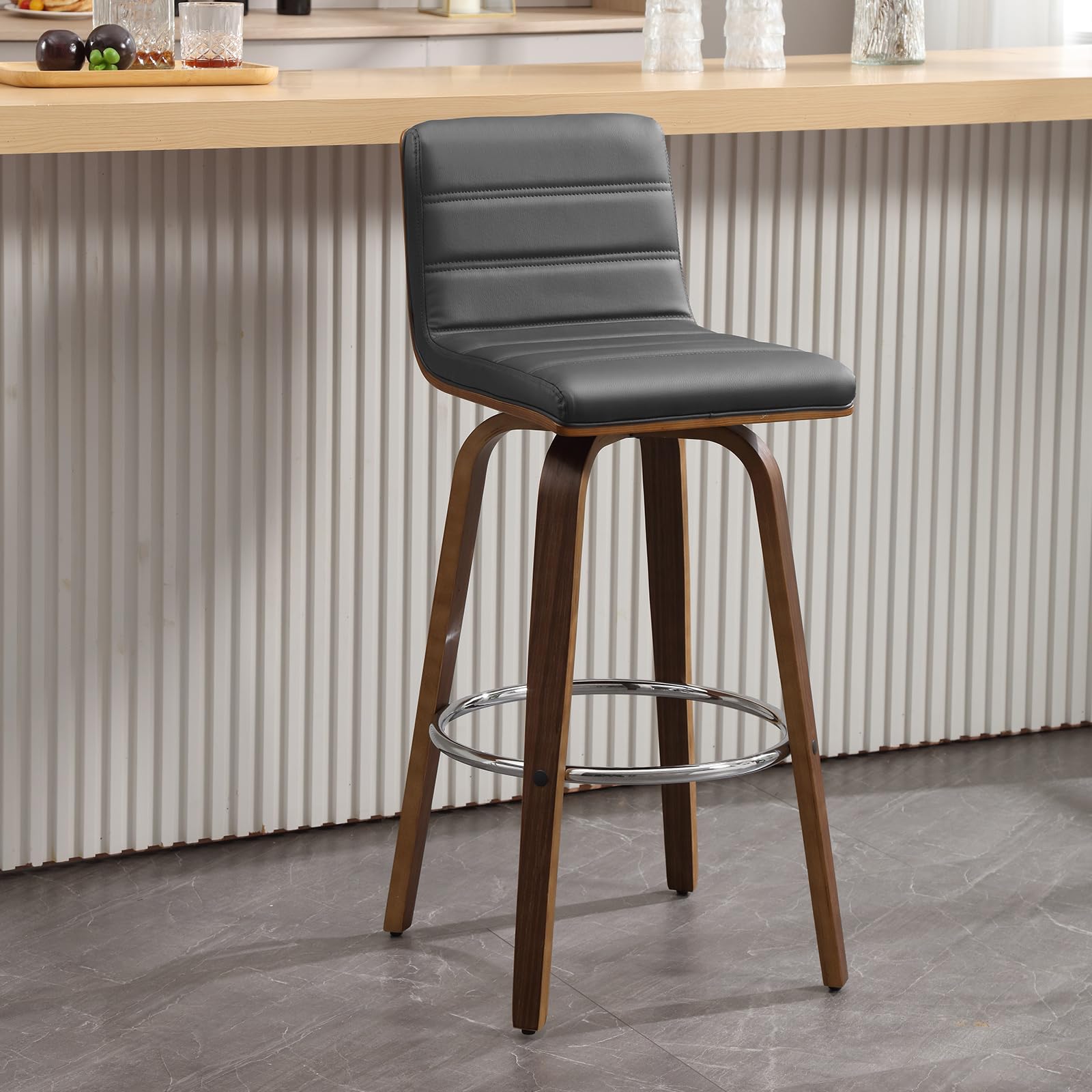 Bar Stools 29 Inch Bar Height, Swivel Bar Stools with Backs Upholstered PU Leather Barstool, L Shape Back and Padded Seat, Mid-Century Modern Bar Stool Pub Chairs for Kitchen Counter Island, Black