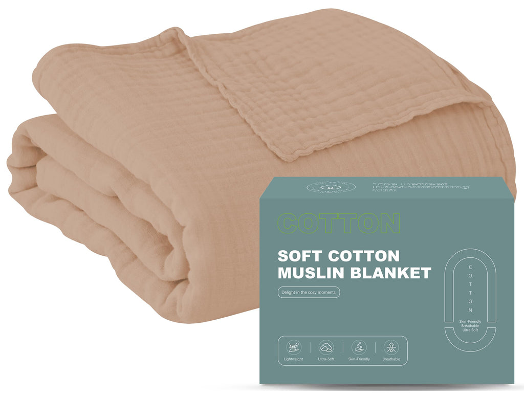 Cosy Family 4 Layer Muslin Bed Blanket - Breathable and Lightweight Gauze Boho Blanket for Spring, Soft 100% Cotton Muslin Blanket, Brown, 55x80 Inches