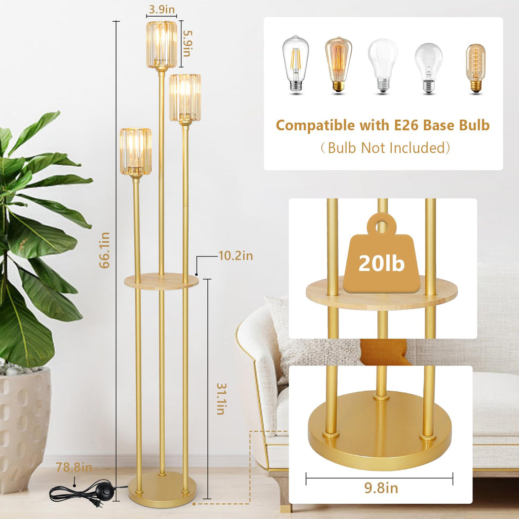 HMVPL Gold Floor Lamps for Living Room, Modern Floor Lamp with Shelves, Crystal Standing Lamps with Table, Brass Tall Lamp with Crystal Shade, On/Off Switch, Mid Century Corner Floor Lamp for Bedroom